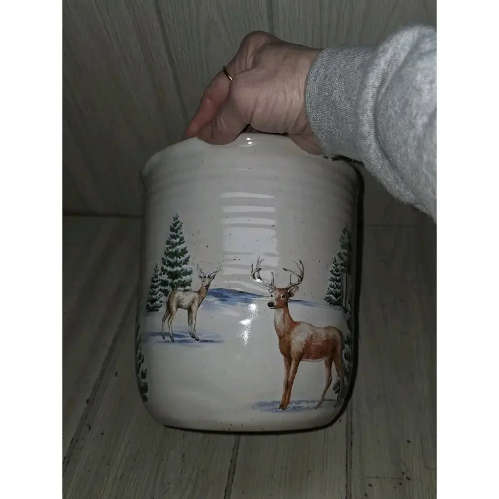 St. Nicholas Square Winter White Country Croc Jar Forest Cabin Deer Planter